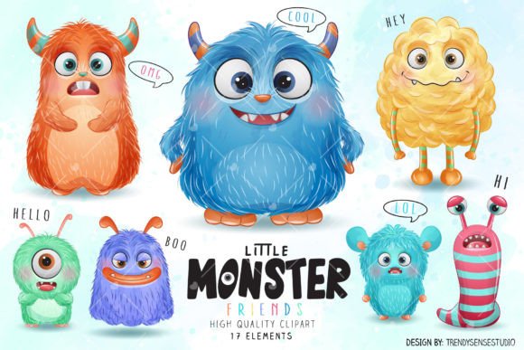 Little Monster Friends Clipart: Quirky Watercolor Designs for Creative Projects