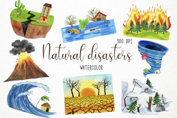 Watercolor Natural Disasters Clipart: Bold Visual Storytelling Assets